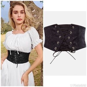 Renaissance Victorian Wide corset Belt Lace Overlay Front Waist Cincher